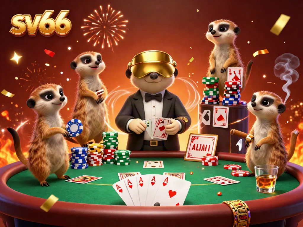 Experience the thrilling action at sv66, where a lively meerkat casino operates with dealers, chips, and festive elements.