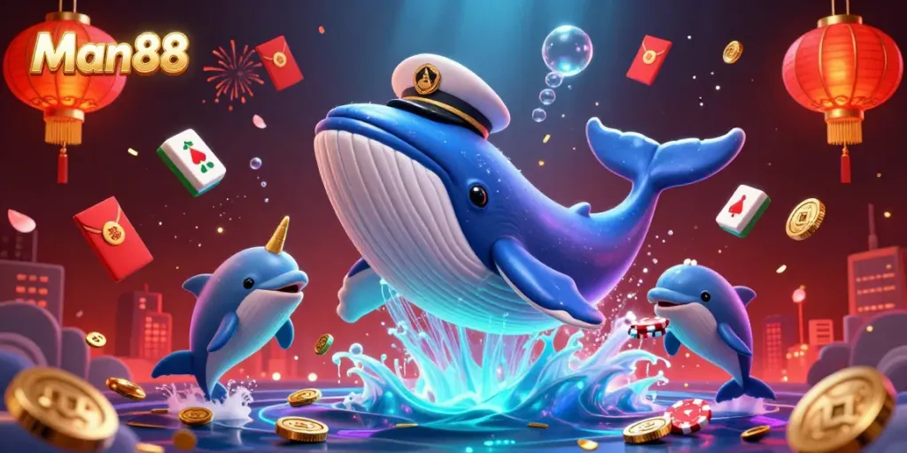 Engage with Man88 by exploring an exciting sea of coins and playful dolphins amidst vibrant casino elements.