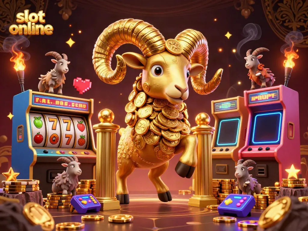 Engage in exciting slot online entertainment with a golden ram charging through a vibrant casino scene filled with game icons.