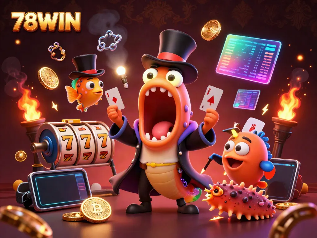 Engage with the magic of 78WIN in a vibrant 3D illustration of a bioluminescent eel, an anglerfish, and a sea cucumber in a casino setting.