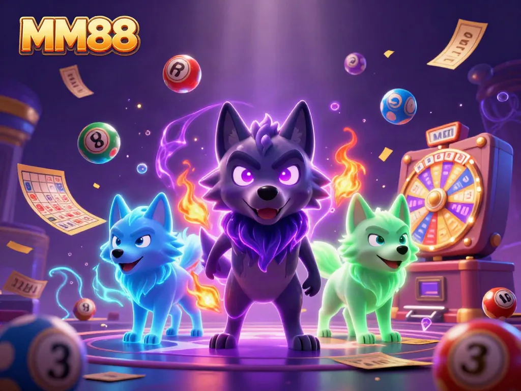 Engage with MM88 in a vibrant scene featuring ghostly wolves amidst lottery games.