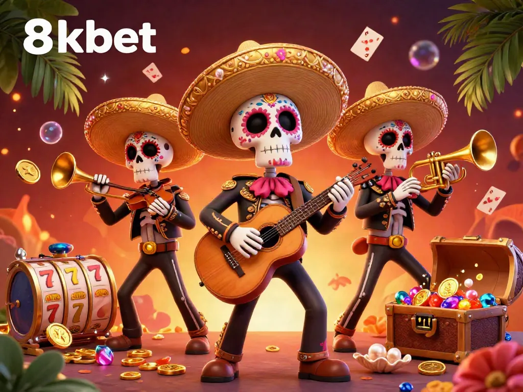 Experience vibrant gaming action with 8xbet as a festive mariachi band plays among treasure and slot reels.