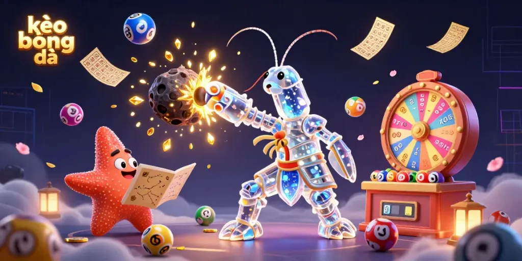 Experience kèo bóng đá excitement with a galactic mantis shrimp bursting an asteroid filled with treasures in cosmic scenery.