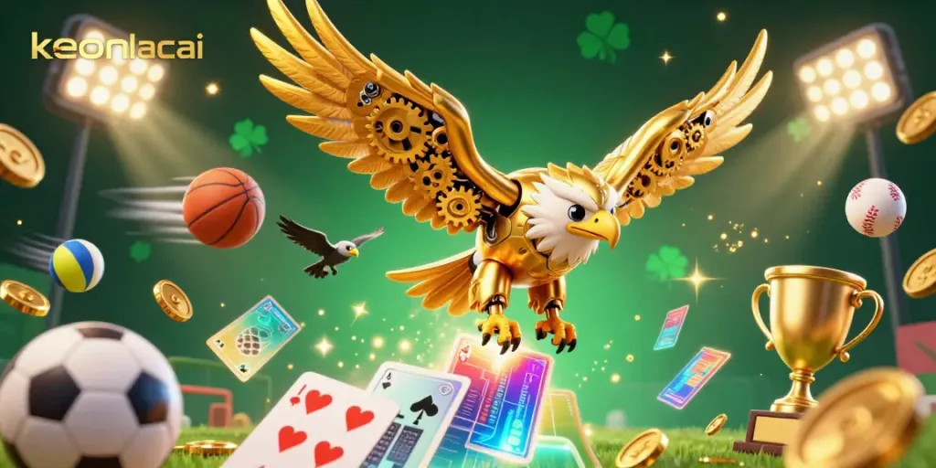 Engage in thrilling betting with keonhacai, featuring dynamic sports elements and a dazzling golden eagle.