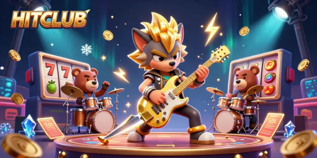 Engaging 3D scene showcasing HITCLUB with dynamic slot reels and lively characters on a casino stage.