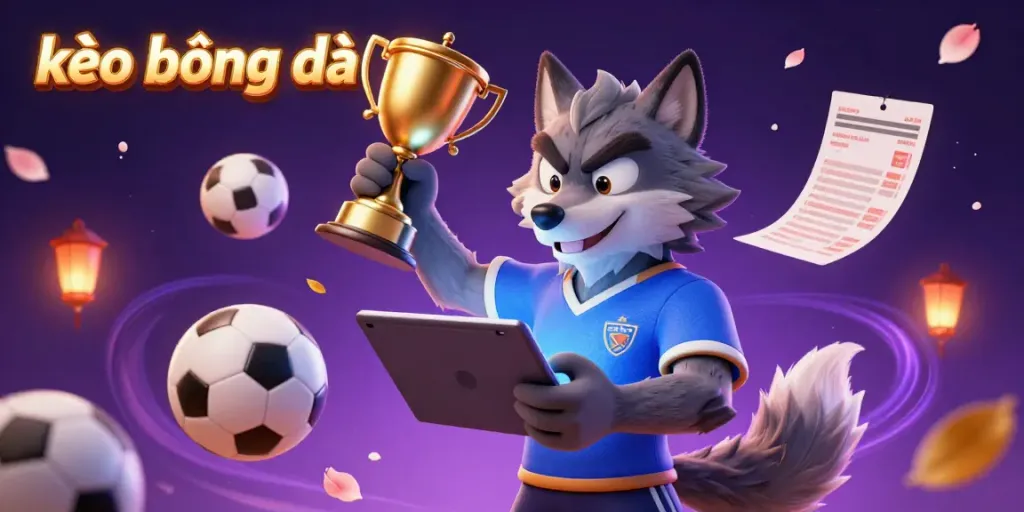 Experience the excitement of kèo bóng đá with a bold cartoon wolf analyzing sports bets amidst vibrant game elements.