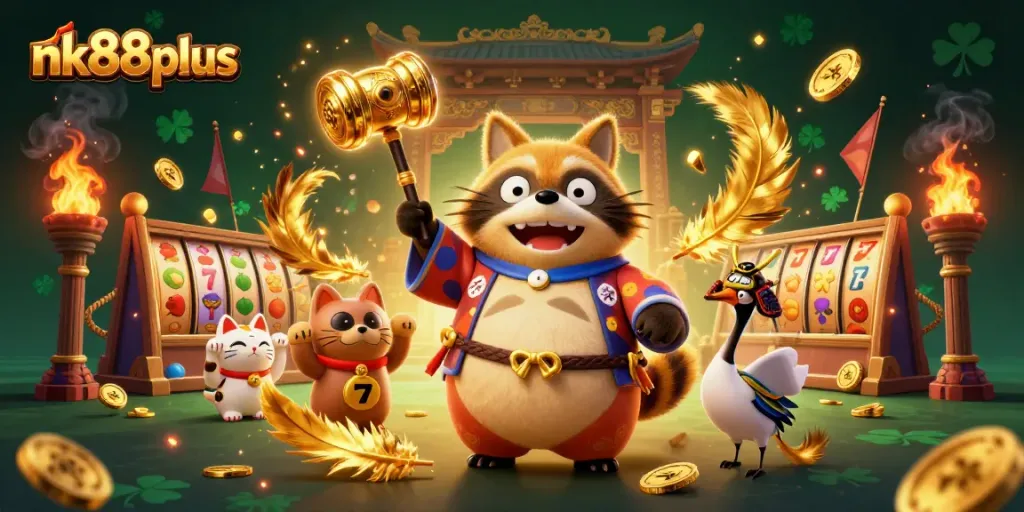 Engage with nk88plus's exciting slots featuring cheerful tanuki and lucky symbols.