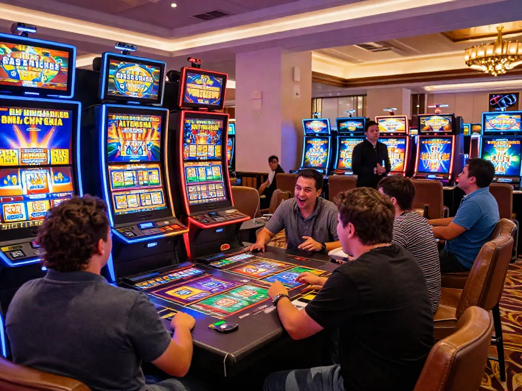 Players enjoying bonus buy slots UK at a vibrant casino gaming floor with colorful machines and lively atmosphere.