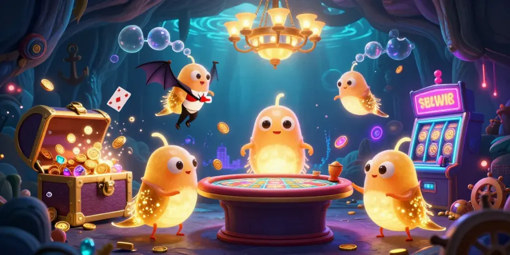 Experience thrilling moments at Sunwin's vibrant online casino filled with animated glowworms and exciting game elements.