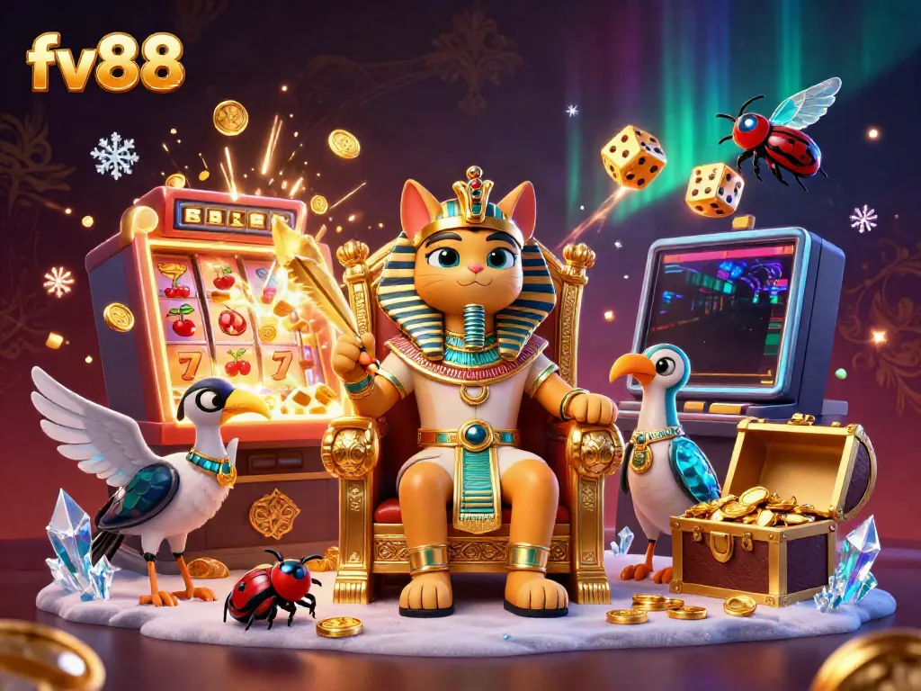 Experience the excitement of fv88 with a dynamic casino scene featuring a pharaoh cat and golden treasures.