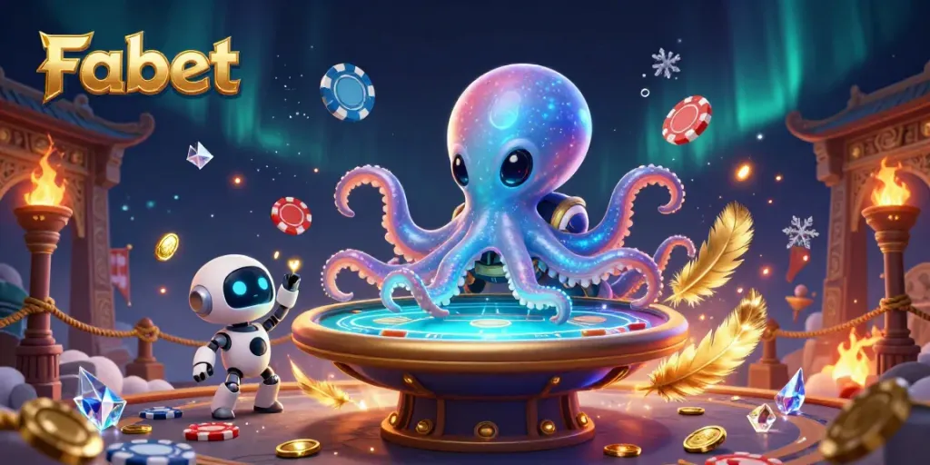 Experience thrilling poker at Fabet with a futuristic alien octopus dealing holographic cards.