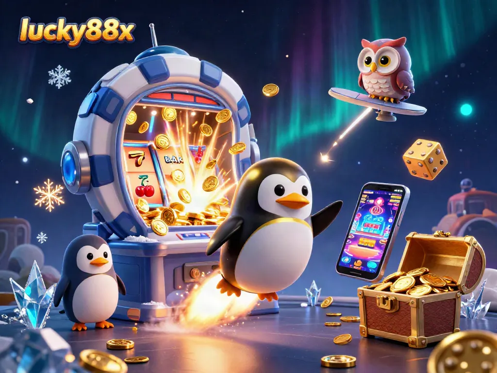 Experience the thrill at lucky88x with a dynamic casino scene featuring a golden penguin, slot machine jackpot, and vibrant effects.