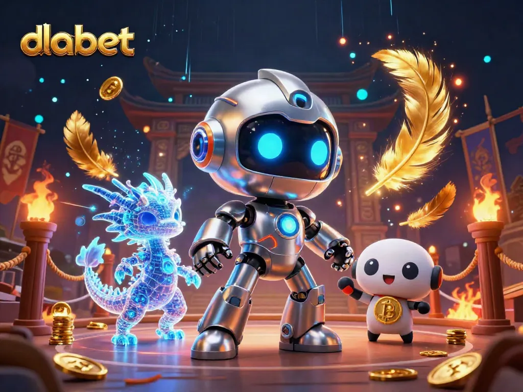 Engage with dabet's dynamic gaming scene featuring a cyberpunk robot and AI companions.