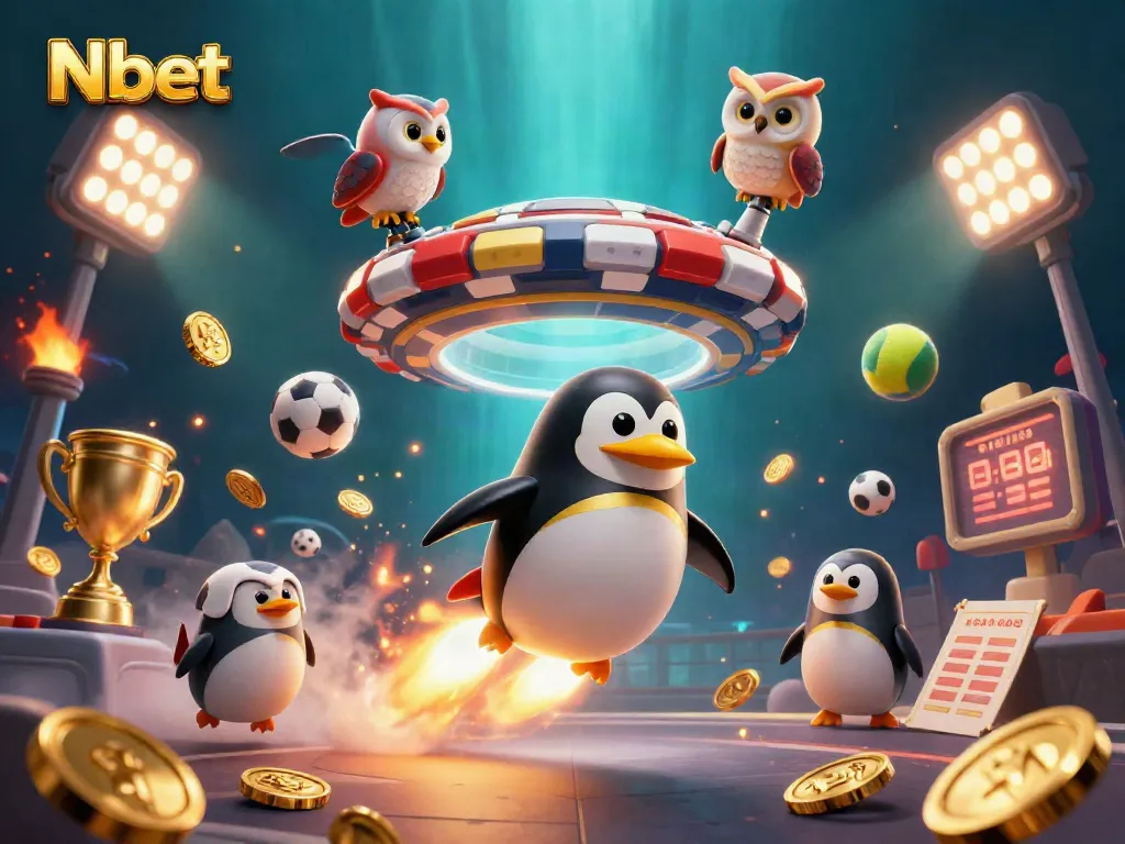 Experience Nbet's thrilling action with a golden penguin navigating a cosmic casino adventure