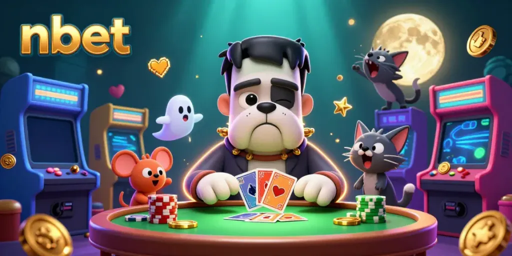 Experience the thrill of nbet with a whimsical casino scene featuring a Frankenstein bulldog dealer and magical floating characters.