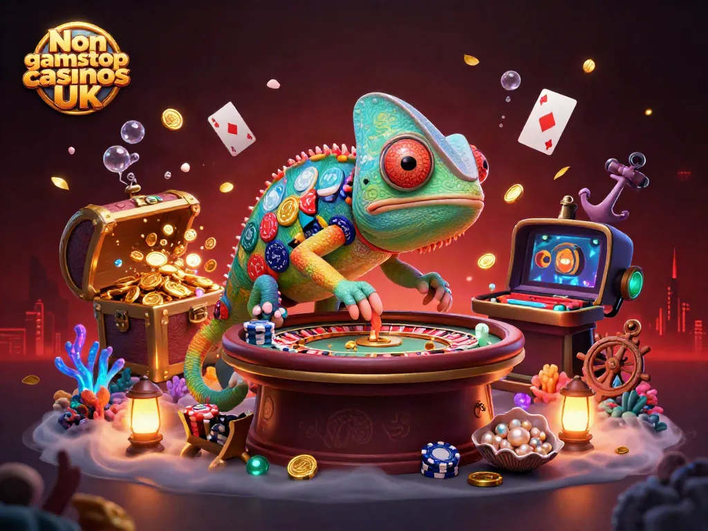 Engaging scene of Non gamstop casinos UK with a chameleon casino owner and vibrant gaming elements.