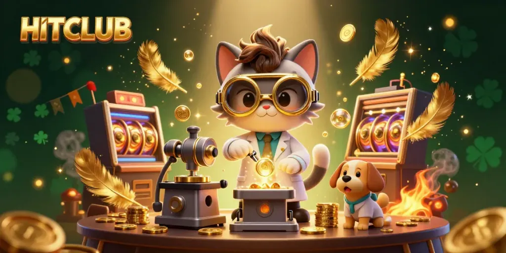 Engage in thrilling gaming at HITCLUB with a vibrant 3D illustration of playful characters and gold coins.