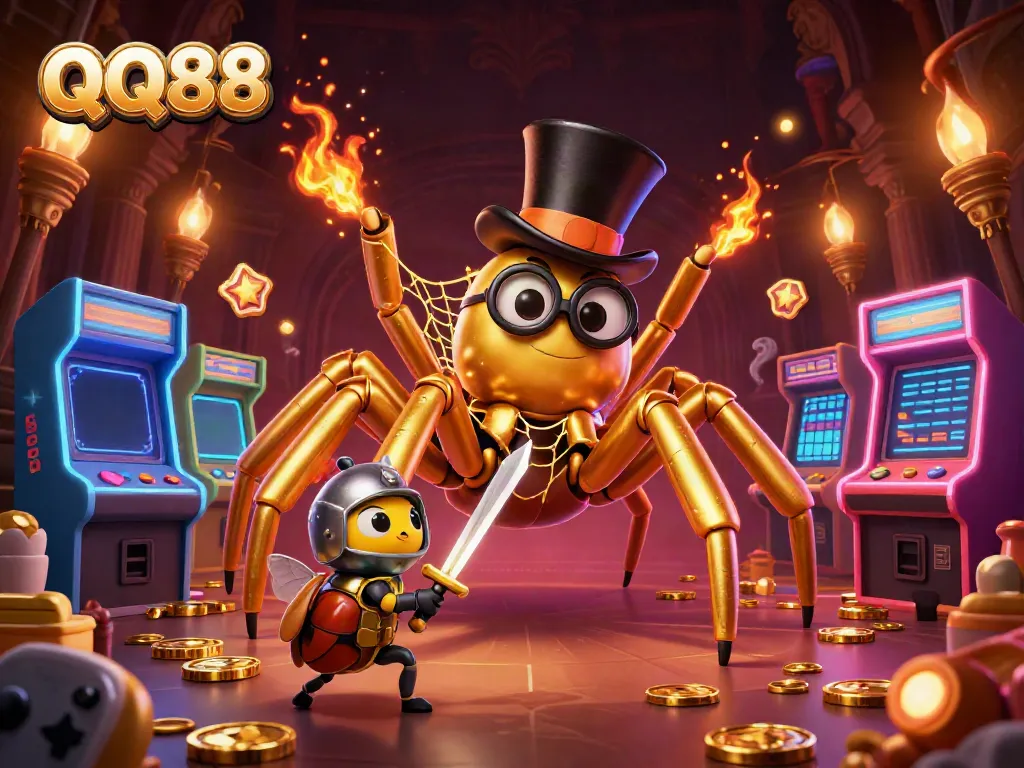 Engage with QQ88's vibrant casino atmosphere featuring a whimsical giant spider weaving golden threads amid colorful games.
