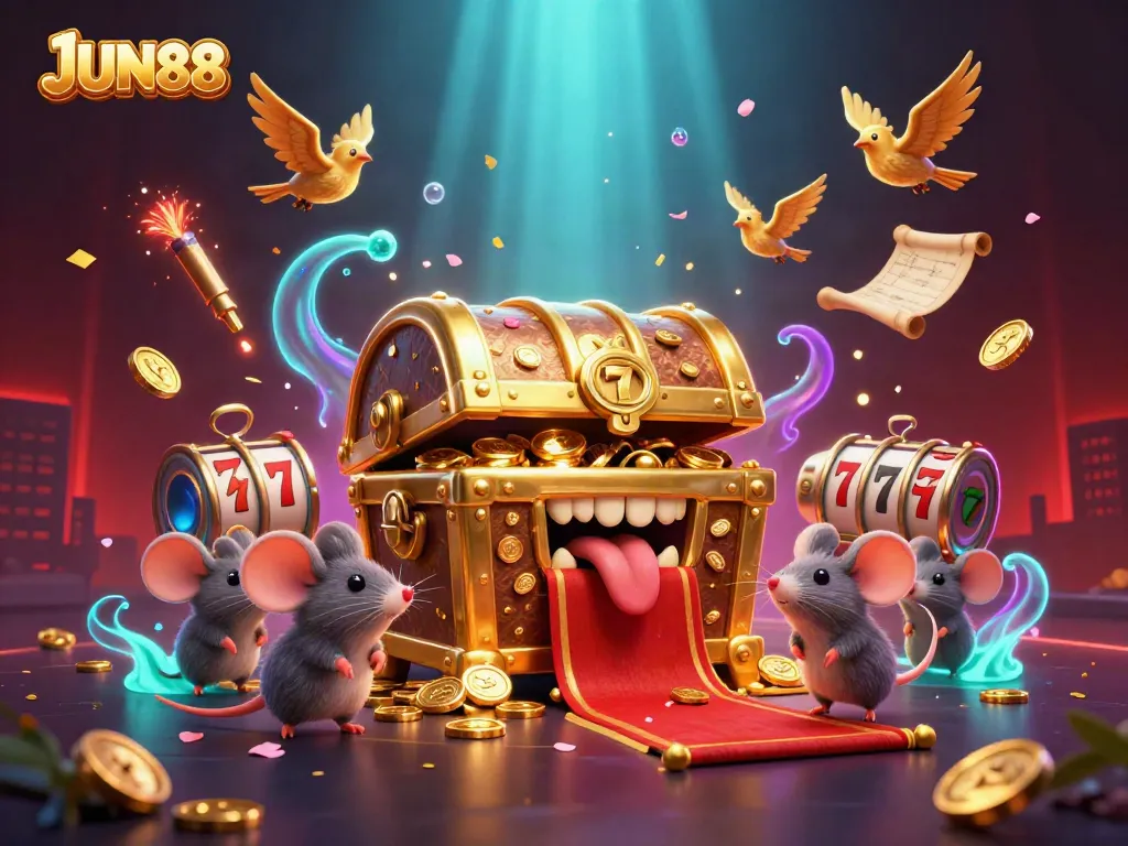 Captivating JUN88 casino illustration showcasing a whimsical treasure chest and dynamic gaming elements.