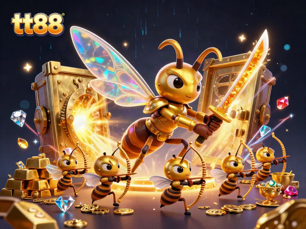 Engage in thrilling bets at tt88 with a vibrant illustration of a golden hornet samurai and honey-themed treasures.