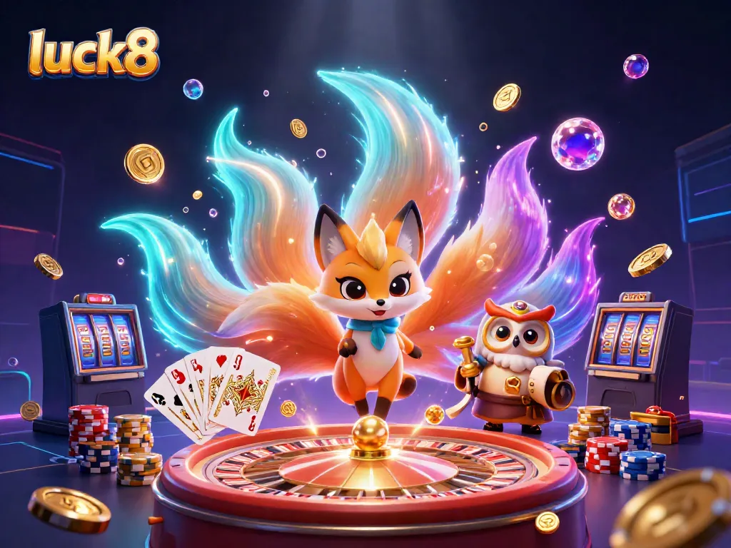 Explore the vibrant world of luck8 with a magical nine-tailed fox and owl sage amid a dazzling casino backdrop.
