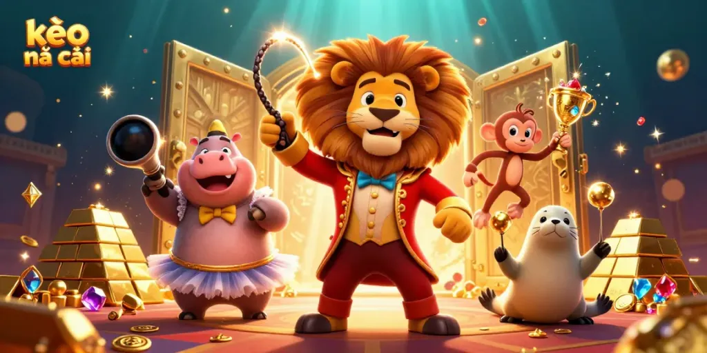 Engage with kèo nhà cái through vibrant 3D circus characters in a dazzling gambling scene filled with treasure.