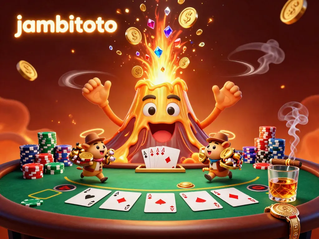 Experience jackpots with jambitoto featuring a golden volcano erupting treasure amidst poker elements.