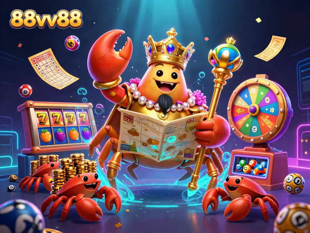 Win big with the stunning 88vv88 casino-themed illustration featuring a golden crab emperor.