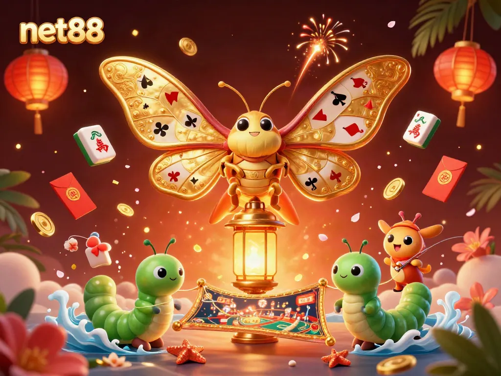Experience net88 with vibrant casino-themed illustrations featuring a majestic moth amidst golden gaming symbols.