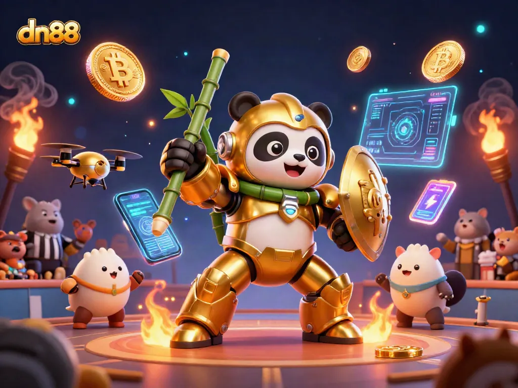 Play exciting games at dn88 with a golden panda piloting robot in a lively casino scene.