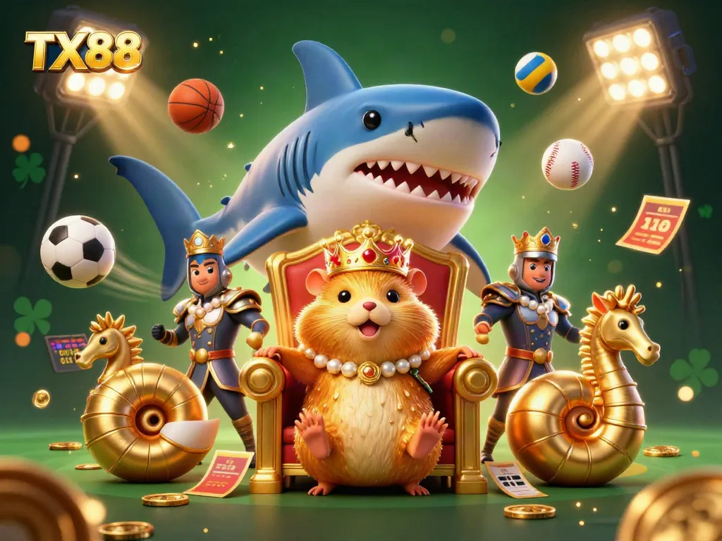 Betting sports with TX88 involving lively characters and dynamic game elements in a vibrant casino illustration.