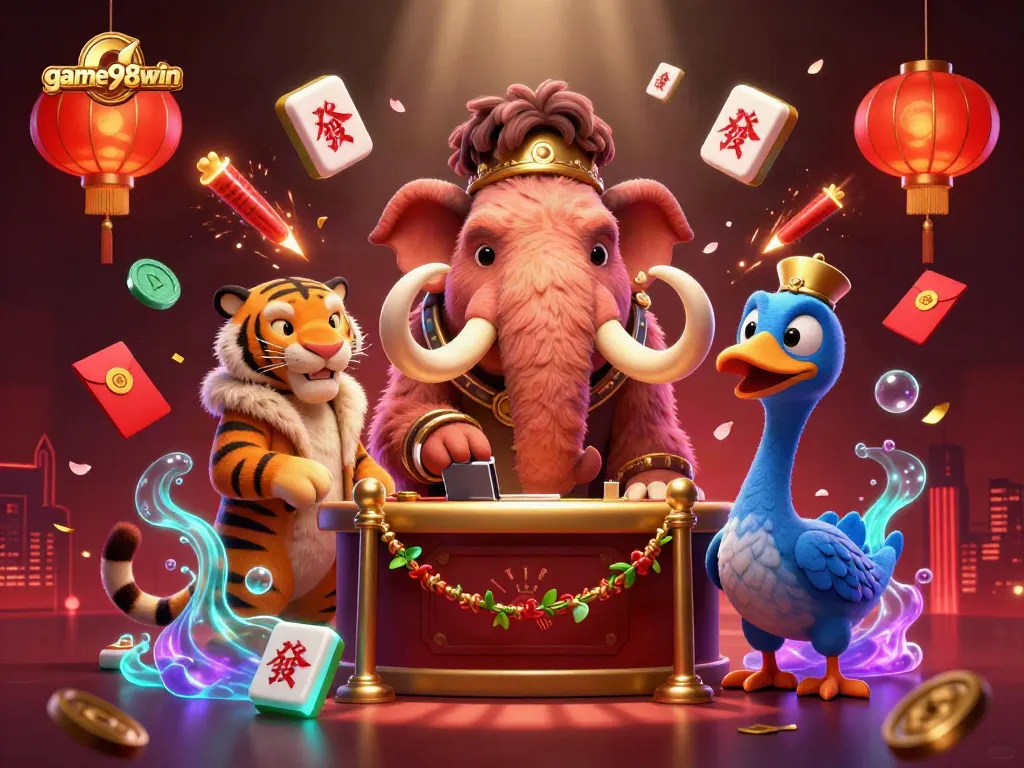 Engage with game98win in a vibrant casino scene featuring a woolly mammoth bouncer and a saber-tooth tiger.