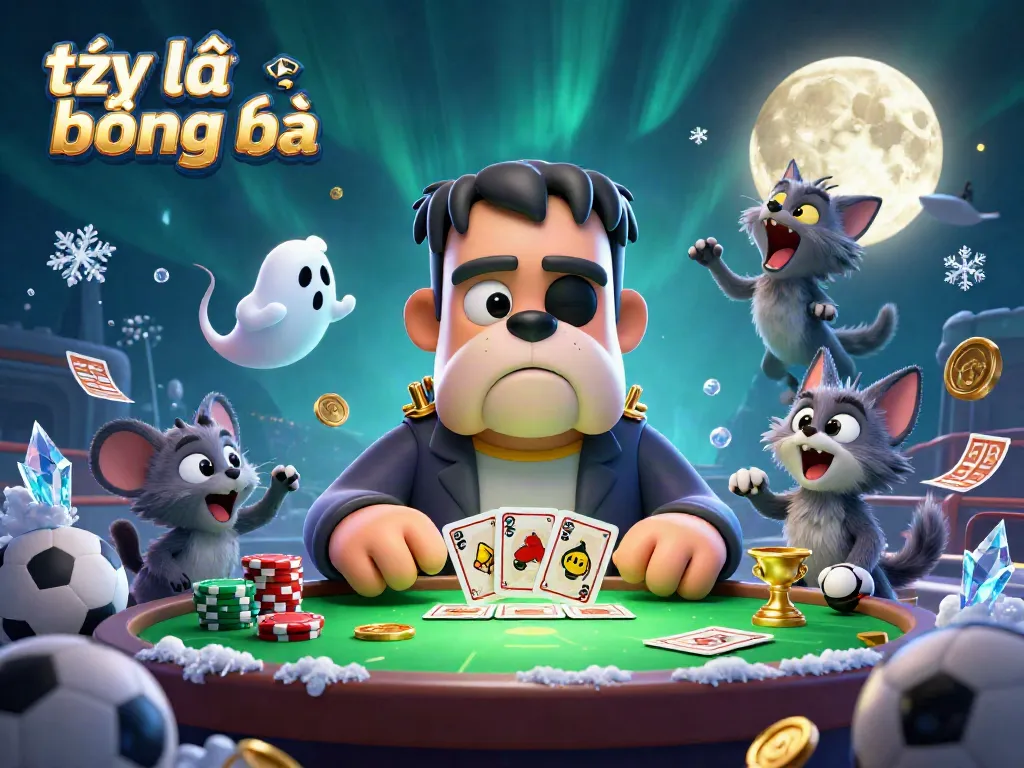 Engage in sports betting with tỷ lệ bóng đá, featuring playful characters in a lively casino scene.