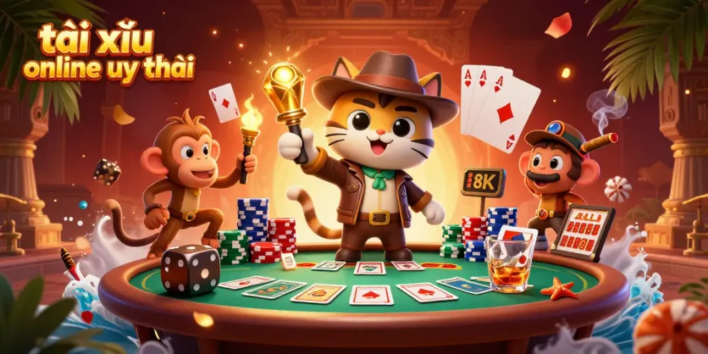 Cats explore a golden artifact in a vibrant casino scene, promoting tài xỉu online uy tín.