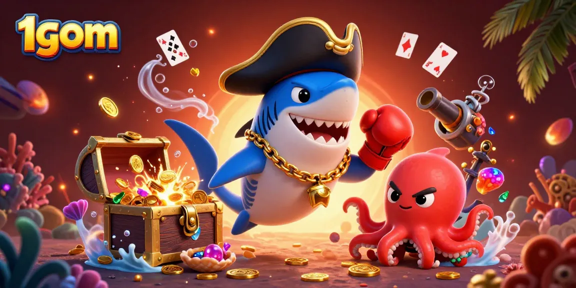 Bet on 1gom with the pirate shark and friends in a vibrant underwater treasure scene.