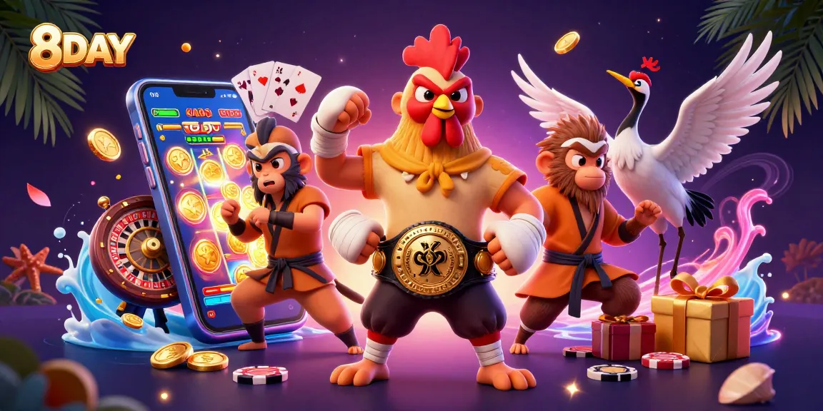 Unleash winnings at 8DAY with vibrant casino elements featuring exciting games and dynamic characters.