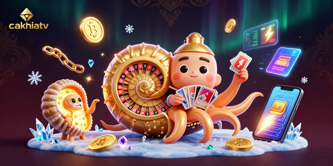 Engage with cakhiatv's thrilling scene featuring a giant nautilus roulette wheel and glowing crypto elements.
