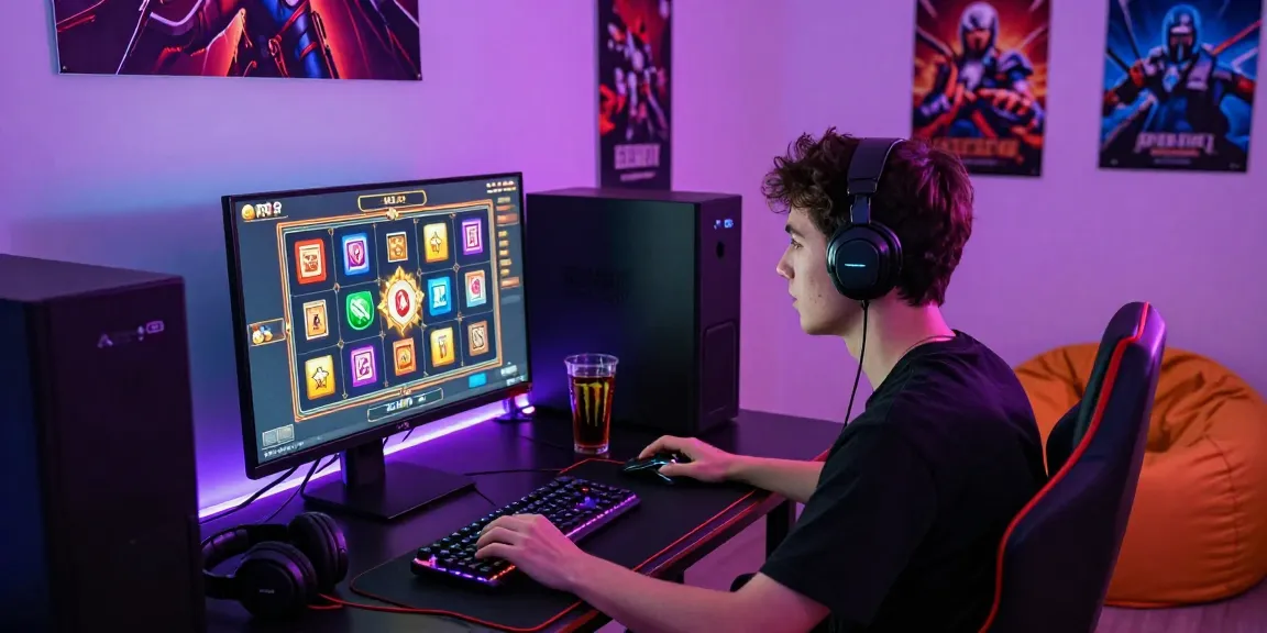 Exciting gaming atmosphere at a desktop setup featuring a situs slot deposit 10 ribu game interface with colorful symbols and accessories.