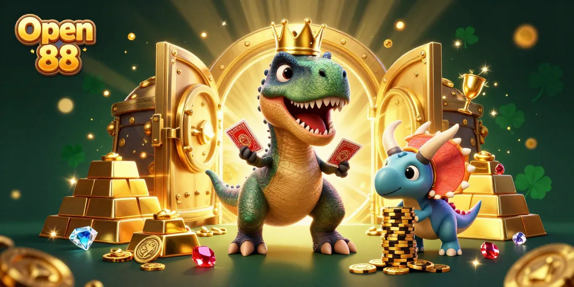 Engage in thrilling play at Open 88 with characters shuffling cards and stacking chips in this vibrant casino scene.