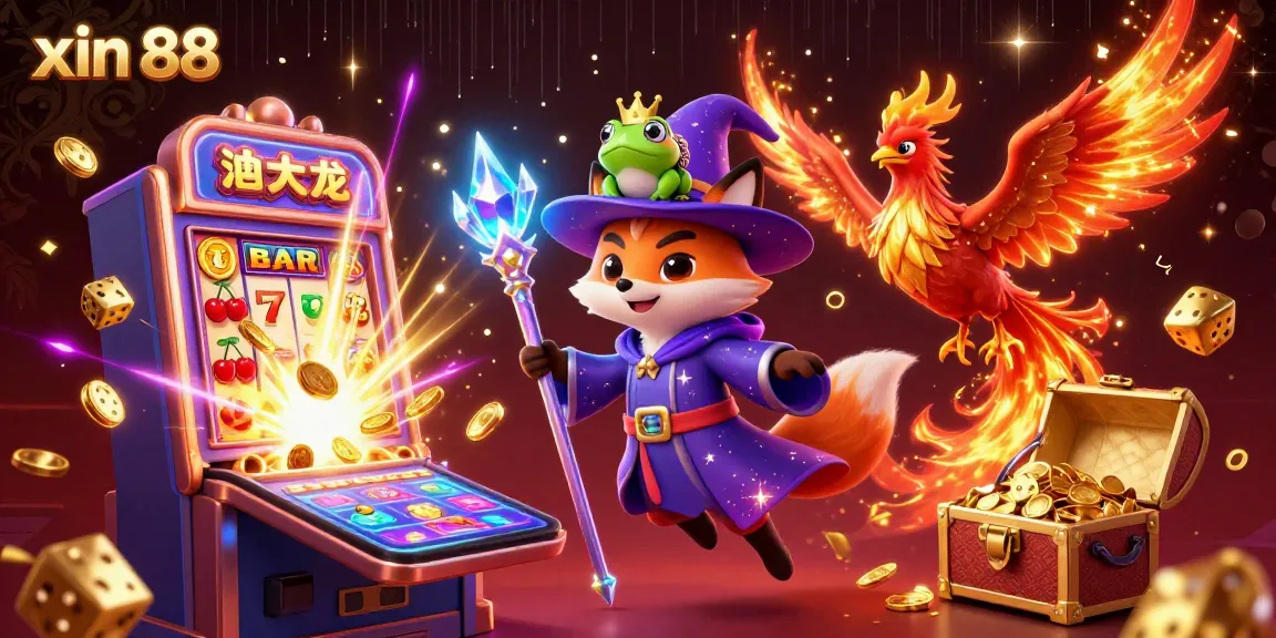 Experience the excitement of xin 88 with a wizard fox, phoenix, and vibrant casino elements in a magical gambling scene.