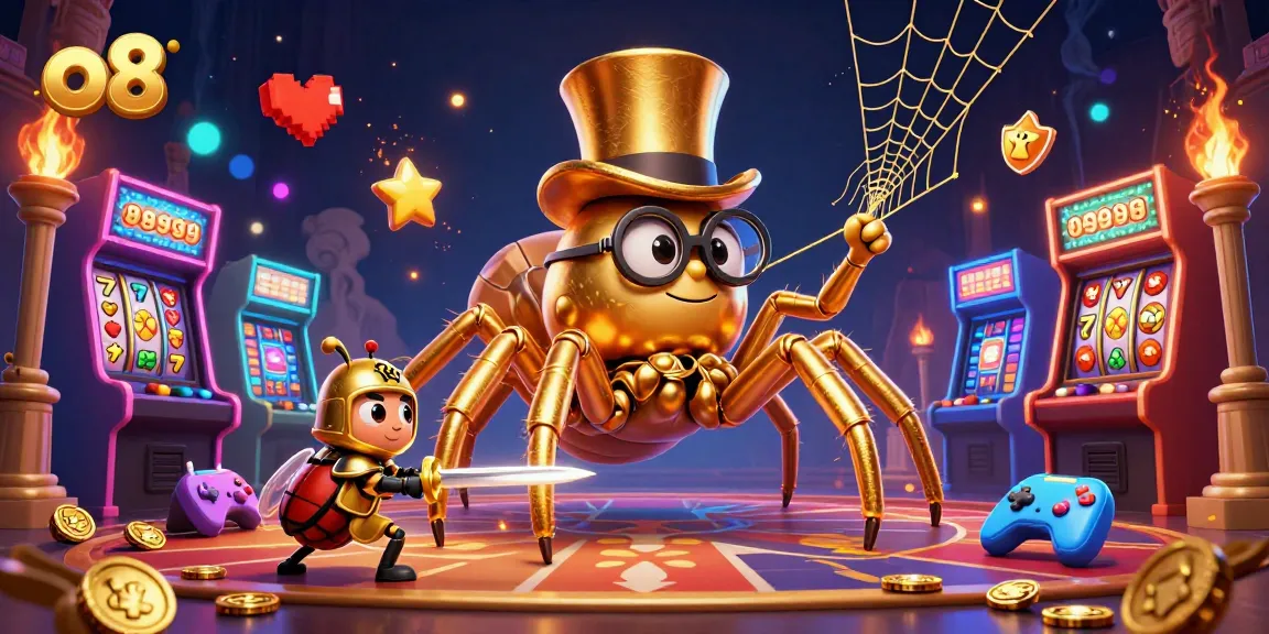 o8 casino showcases a giant golden tarantula and beetle knight in an arcade game-filled scene
