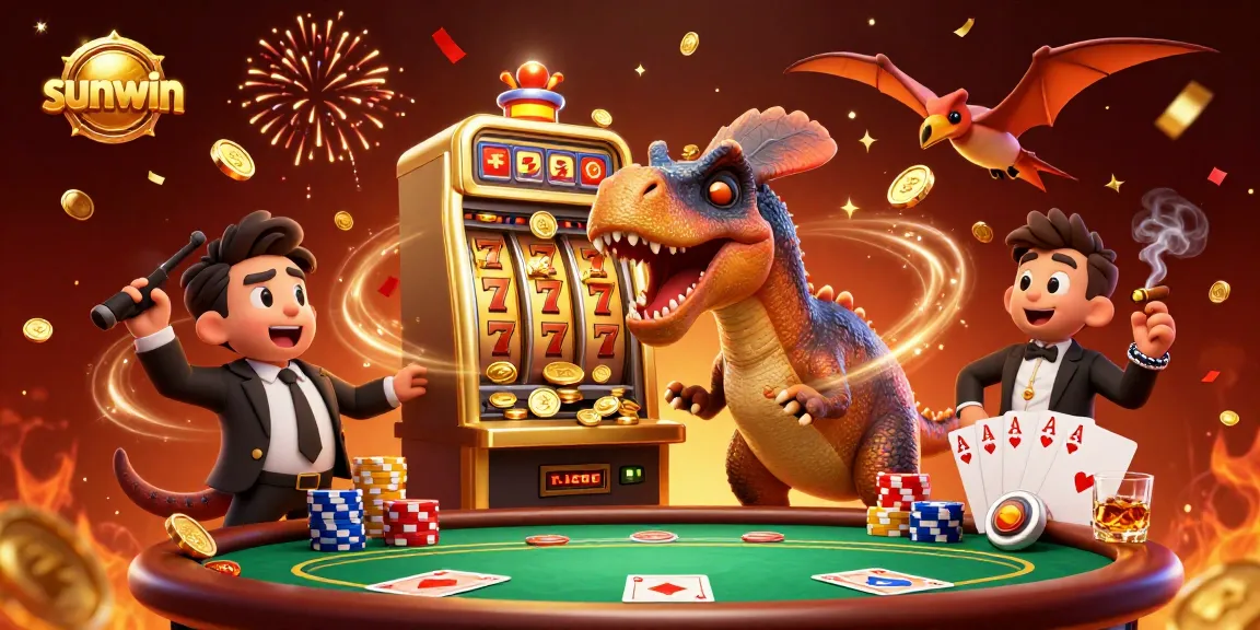 Sunwin showcases a dynamic scene with a pachycephalosaurus and golden slot machine celebrating jackpot wins in a lively casino.