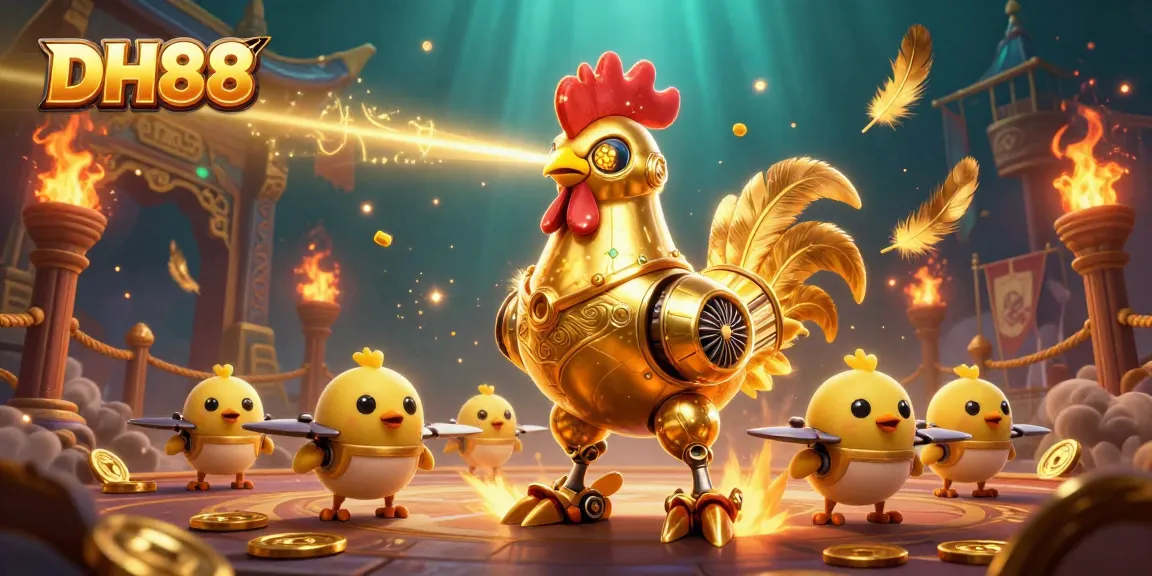 Experience dazzling DH88 casino play with a futuristic golden rooster robot and baby chick drones.