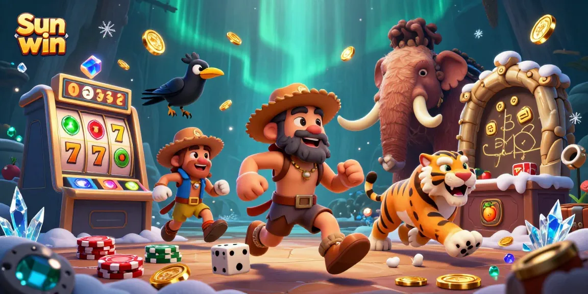 Experience the thrill of Sun win with our dynamic 3D casino illustration featuring slot machines and vibrant characters.