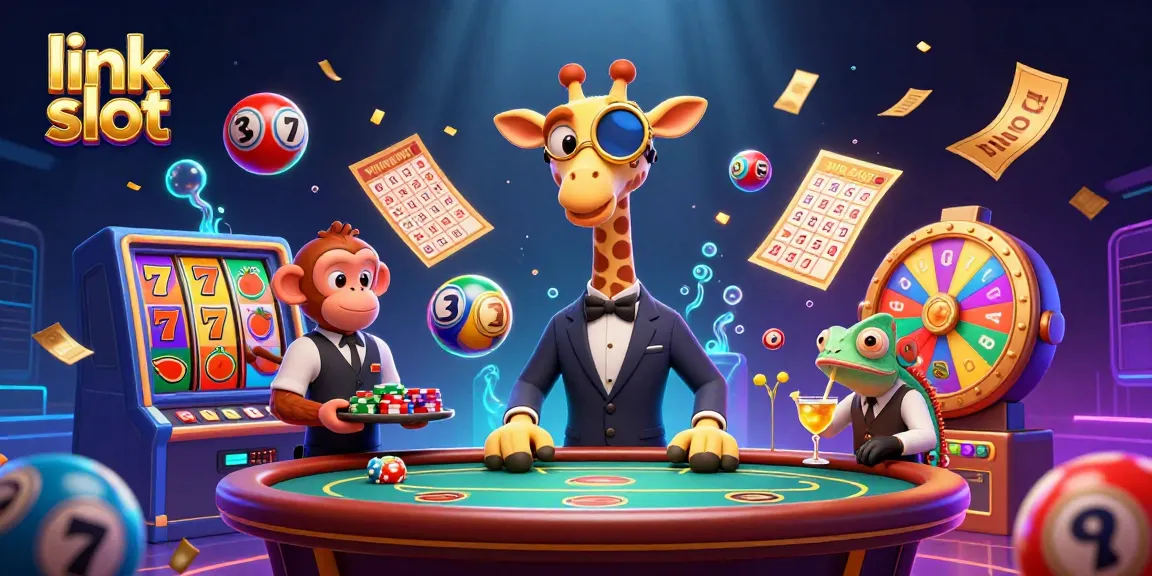 Experience the excitement of link slot with vibrant slot reels and jackpot symbols in a vivid casino scene.