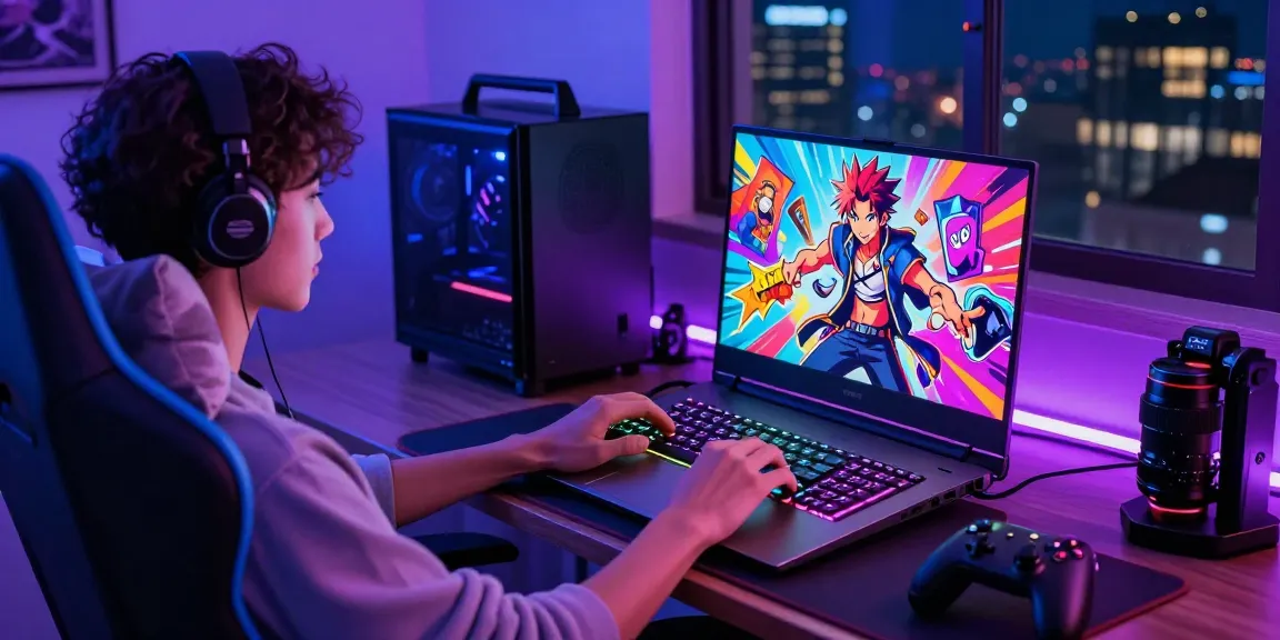 Engaging scene of gay hentai games setup with vibrant visuals, laptop, and gaming accessories.