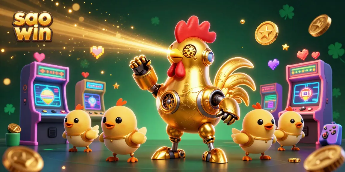 Sao Win platform showcases a futuristic golden rooster robot in an engaging casino-themed scene.