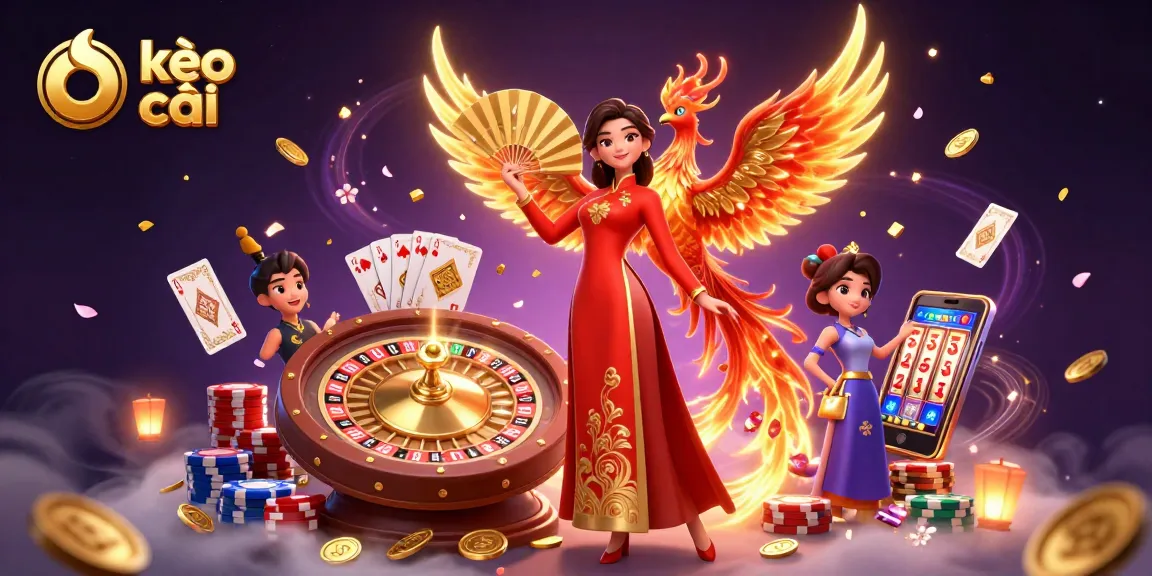 Kèo nhà cái offers player excitement with 3D visuals, featuring a stunning woman, phoenix, and vibrant casino elements.