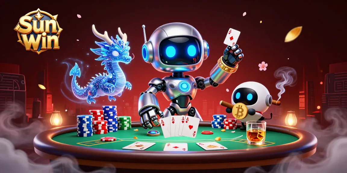 Engage with Sun Win, where a cyberpunk robot, holographic dragon, and bitcoin drone illuminate thrilling poker casino action.