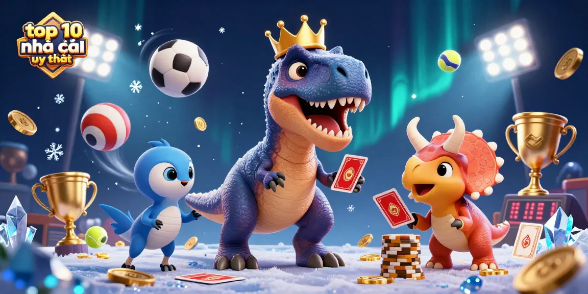 Engage in the excitement of top 10 nhà cái uy tín with cartoon dinosaurs exploring casino fun.